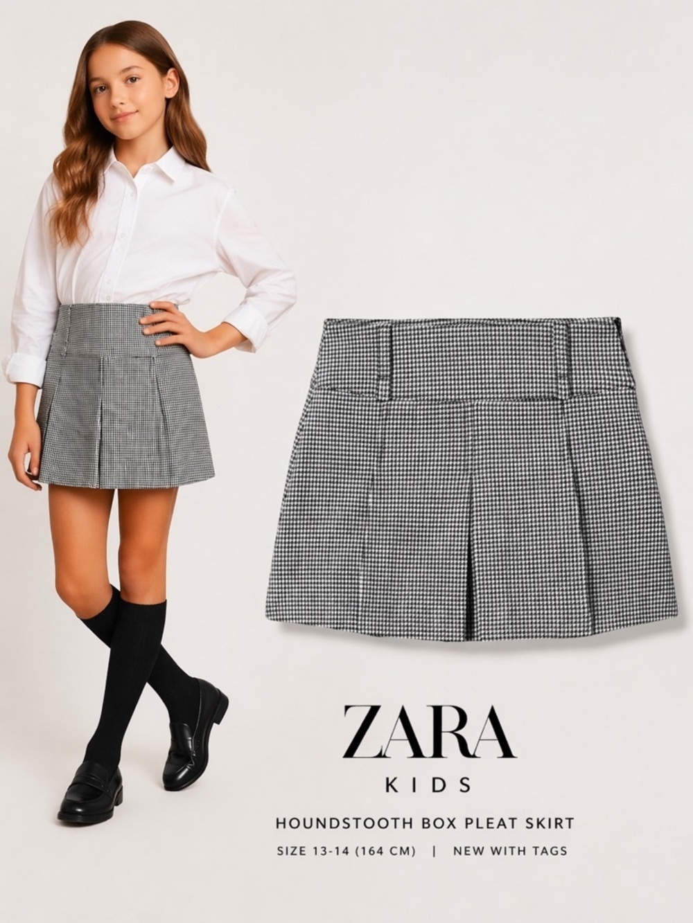 ZARA Kids black and white houndstooth box pleat Size 14 NWT